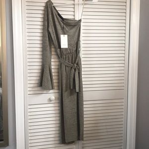 One Shoulder Rib Knit Paper Bag Waist Midi Dress